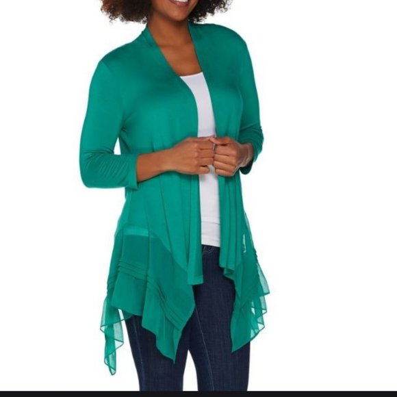 LOGO by Lori Goldstein Tops - LOGO Petite Knit Cardigan with Pleated Chiffon